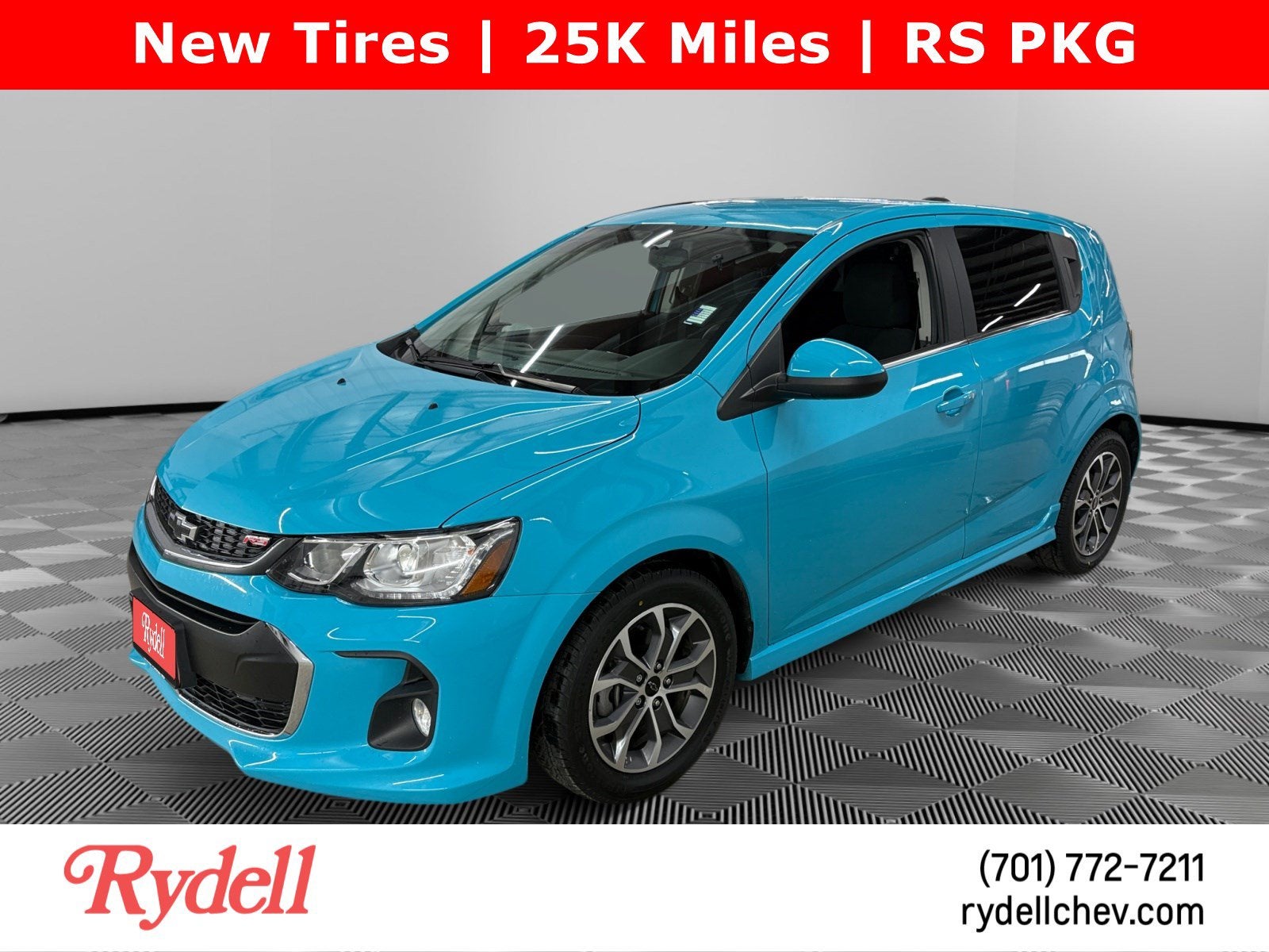 2020 Chevrolet Sonic LT in Oasis Blue — front three-quarter view