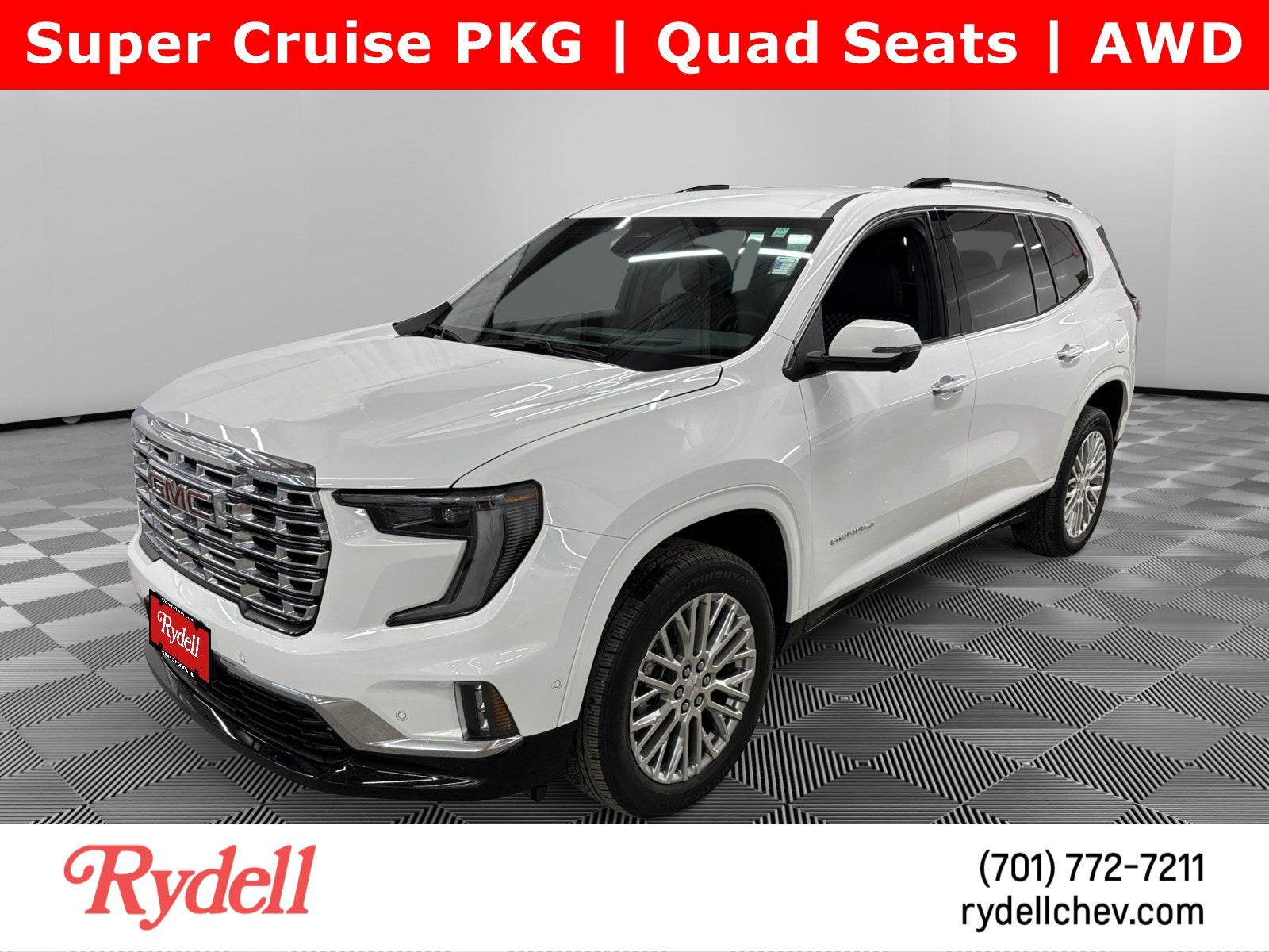 2026 GMC Acadia Denali in Summit White — front three-quarter view