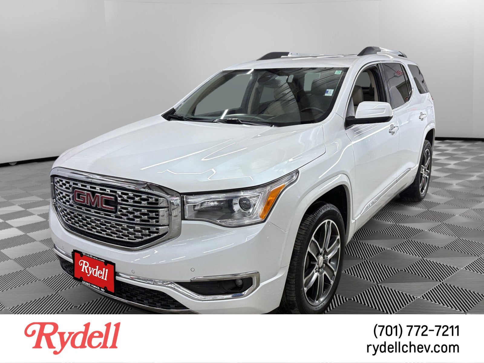 2018 GMC Acadia Denali in White Frost Tricoat — front three-quarter view