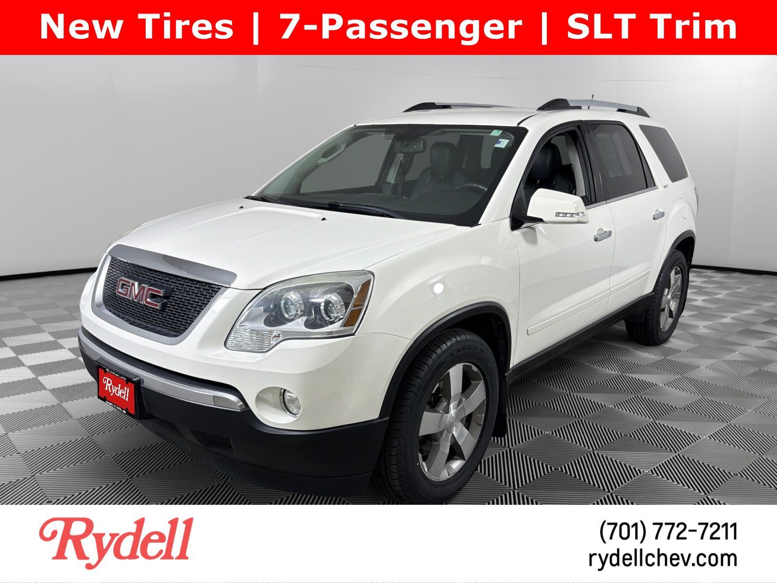2012 GMC Acadia SLT1 in Summit White — front three-quarter view